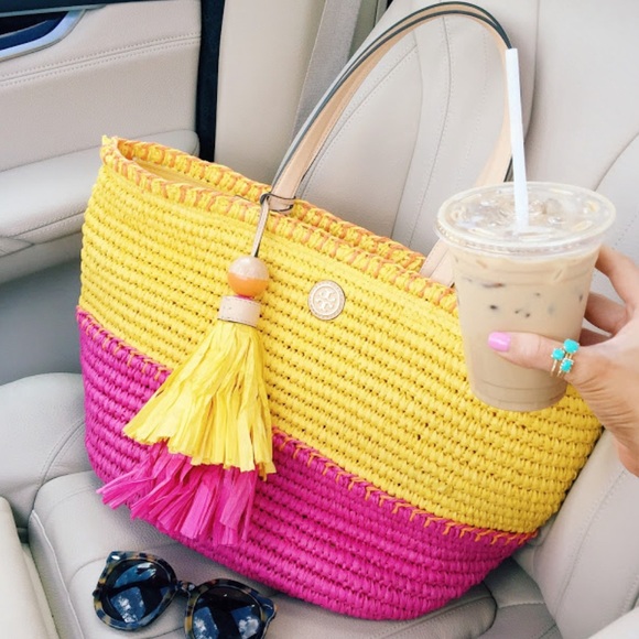 Tory Burch • Pink & Yellow Straw Beach Summer Bag Tote With Tassel - Picture 16 of 16